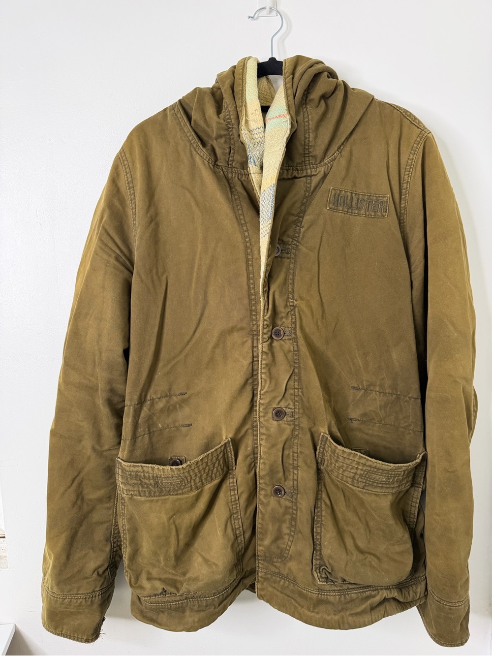 Hollister Vintage Olive Green Hooded Utility Jacket Blanket Lined size XL